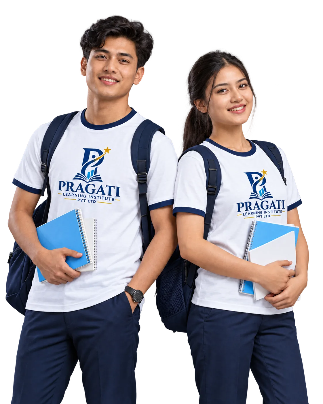 Two students wearing Pragati Learning Institute shirts and holding notebooks